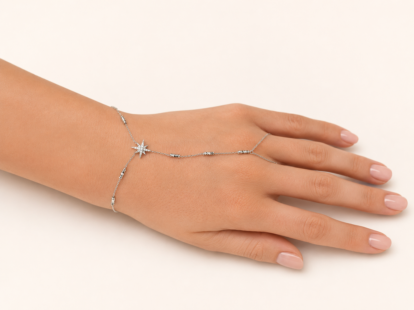Silver-Tone Brass Star Hand Chain Bracelet with Crystal Details
