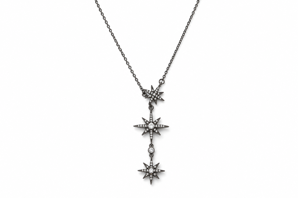 Silver-Tone Stainless Steel Triple Star Drop Necklace with Sparkling Stones