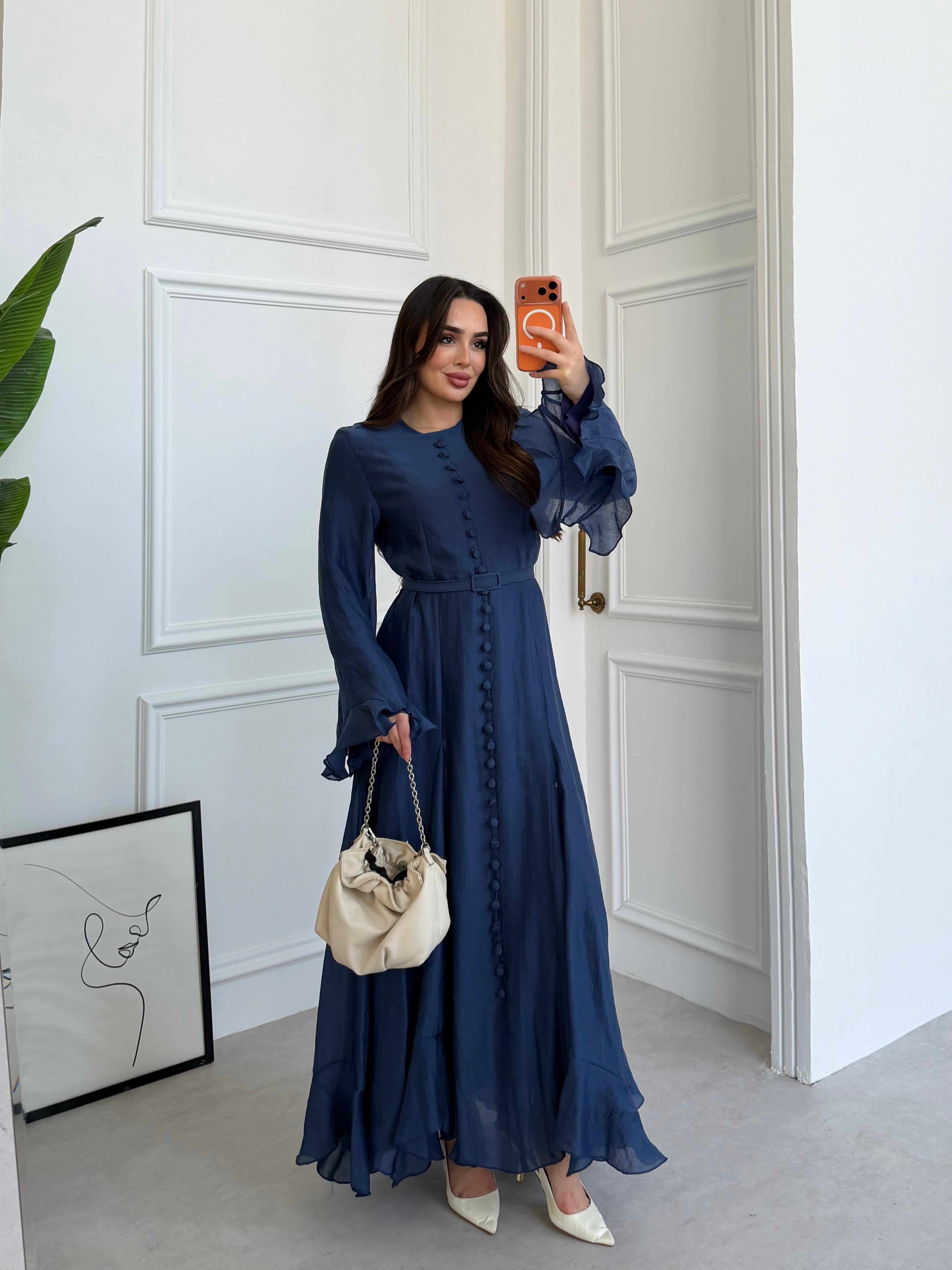 Elegant Modal-Blend Button-Down Maxi Dress with Ruffled Bell Sleeves