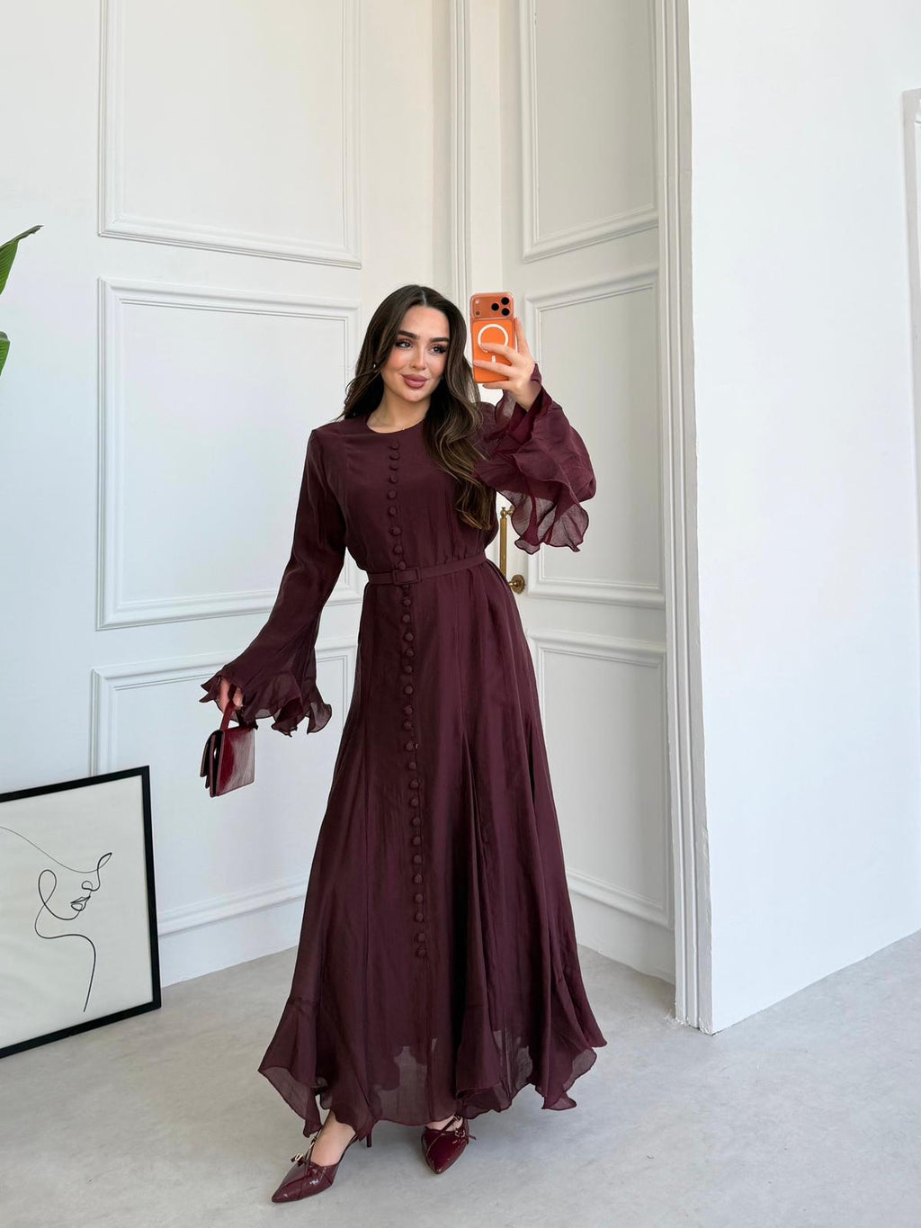 Elegant Modal-Blend Button-Down Maxi Dress with Ruffled Bell Sleeves