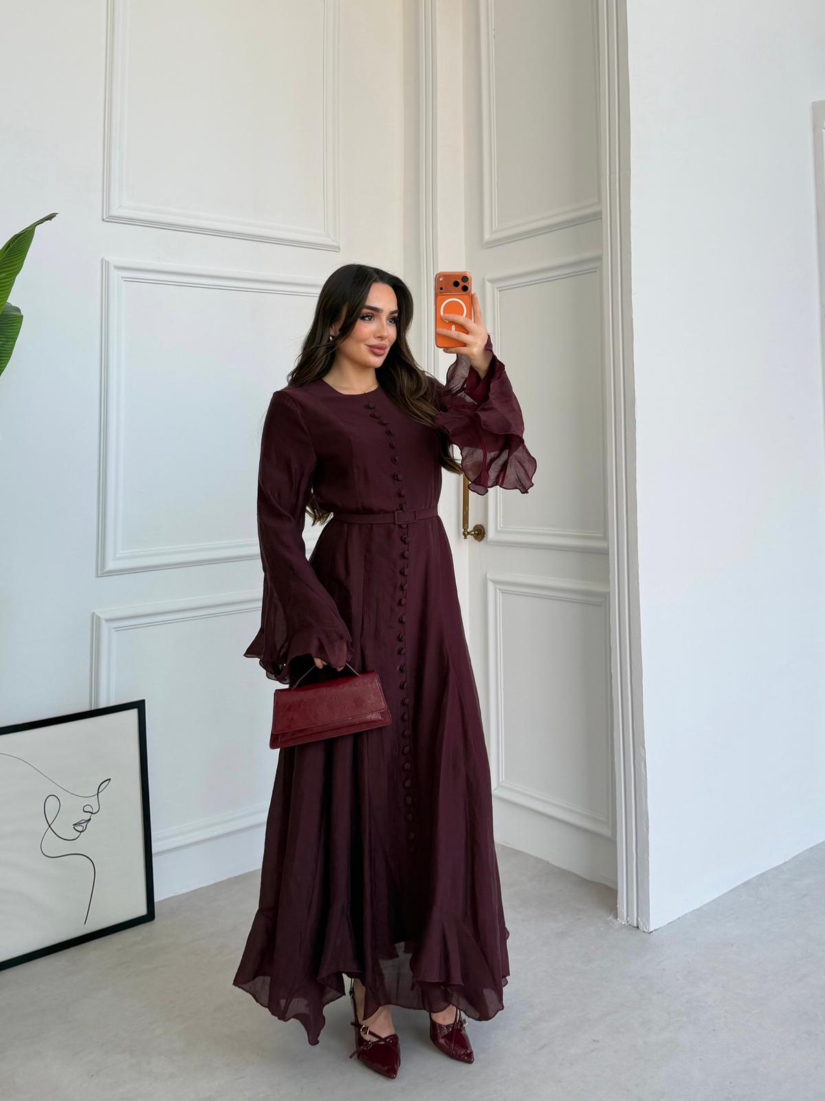 Elegant Modal-Blend Button-Down Maxi Dress with Ruffled Bell Sleeves
