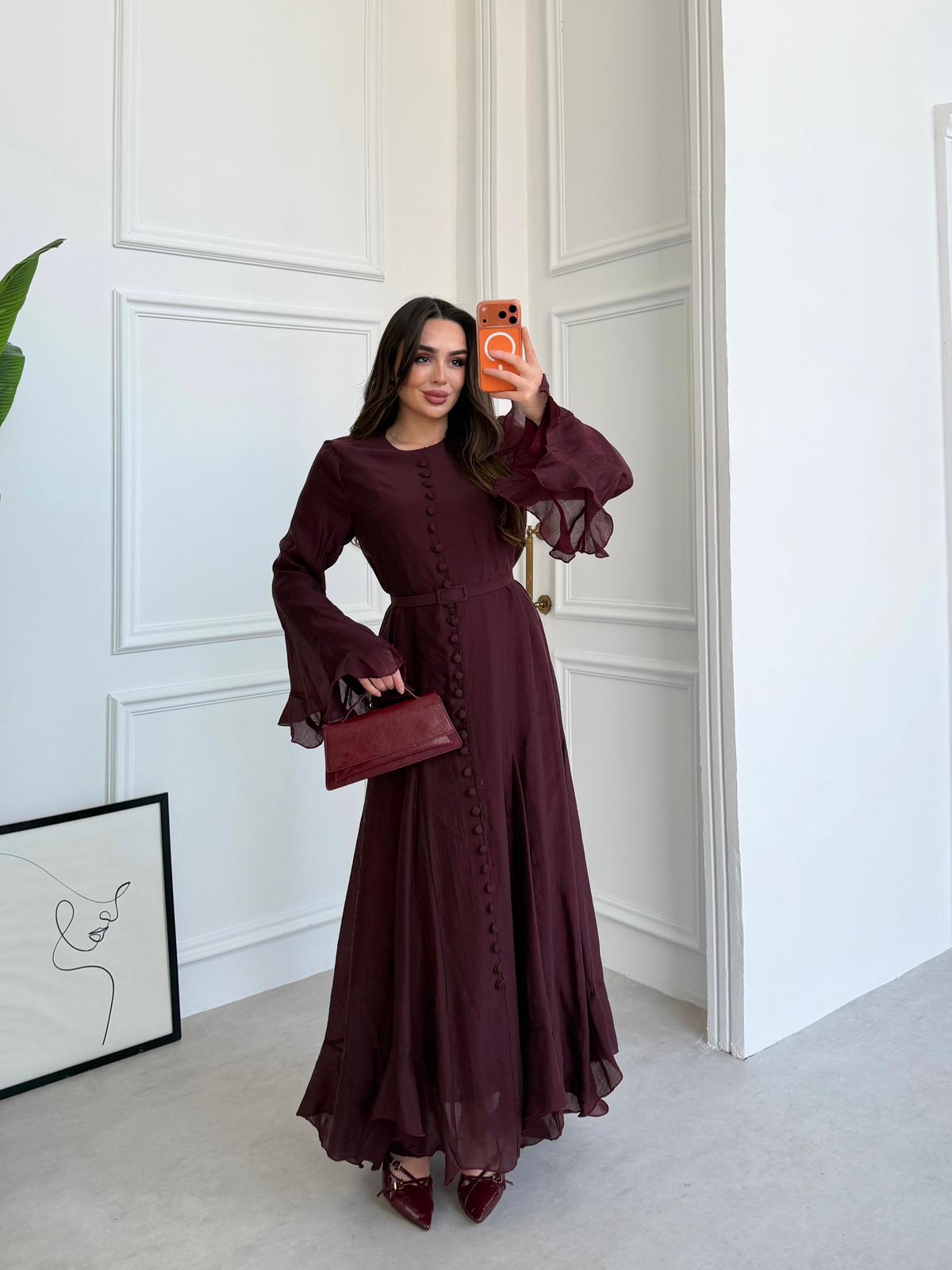Elegant Modal-Blend Button-Down Maxi Dress with Ruffled Bell Sleeves