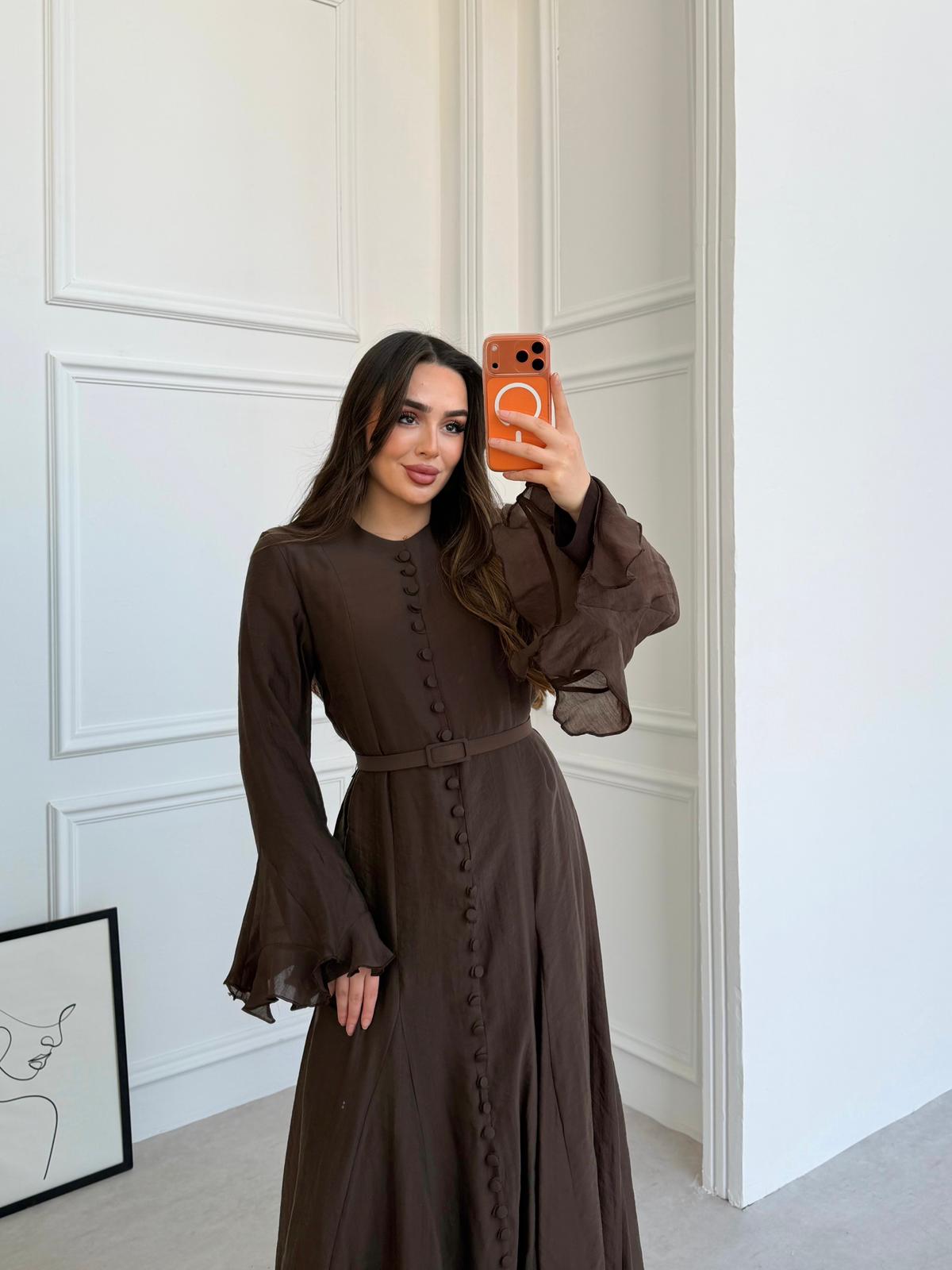 Elegant Modal-Blend Button-Down Maxi Dress with Ruffled Bell Sleeves