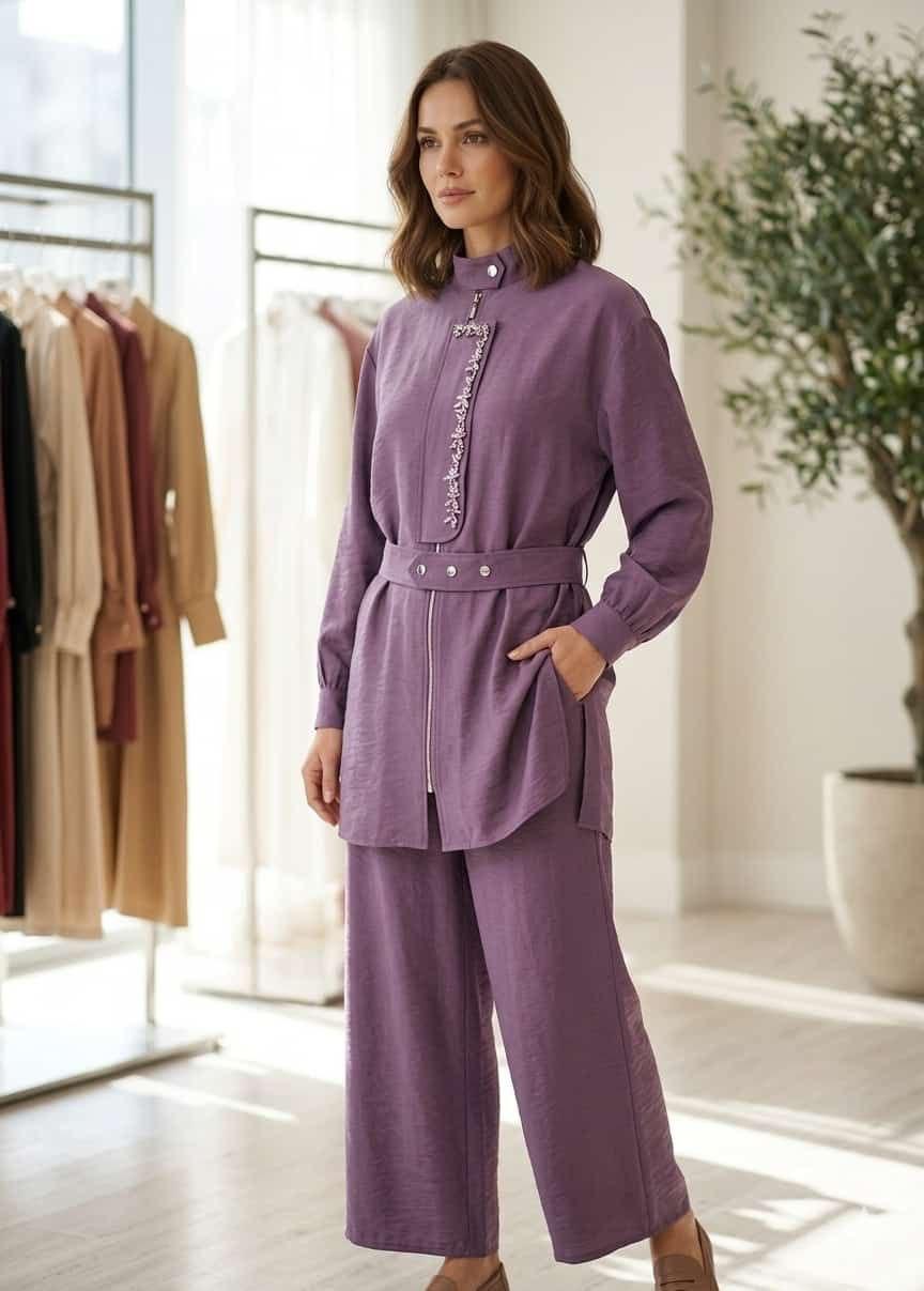 Women’s Two-Piece Tunic & Wide-Leg Pants Set – Comfortable Casual & Office Outfit