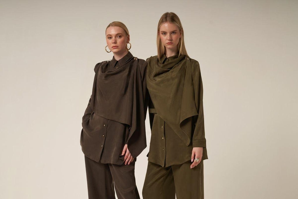 Women's Asymmetrical Draped Tunic and Wide-Leg Trouser Two-Piece Set