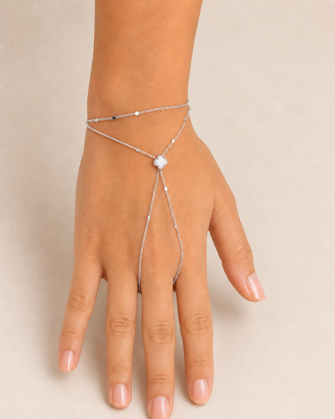 Silver-Tone Brass Clover Hand Chain Bracelet with Delicate Chain Details