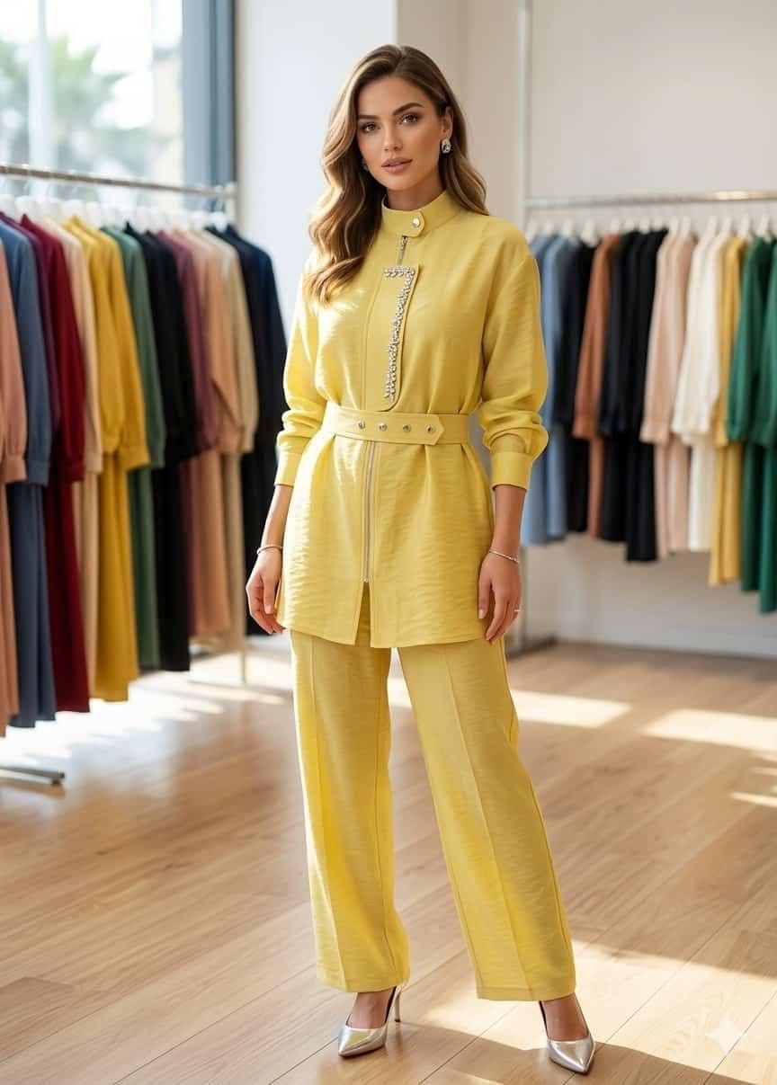 Women’s Two-Piece Tunic & Wide-Leg Pants Set – Comfortable Casual & Office Outfit