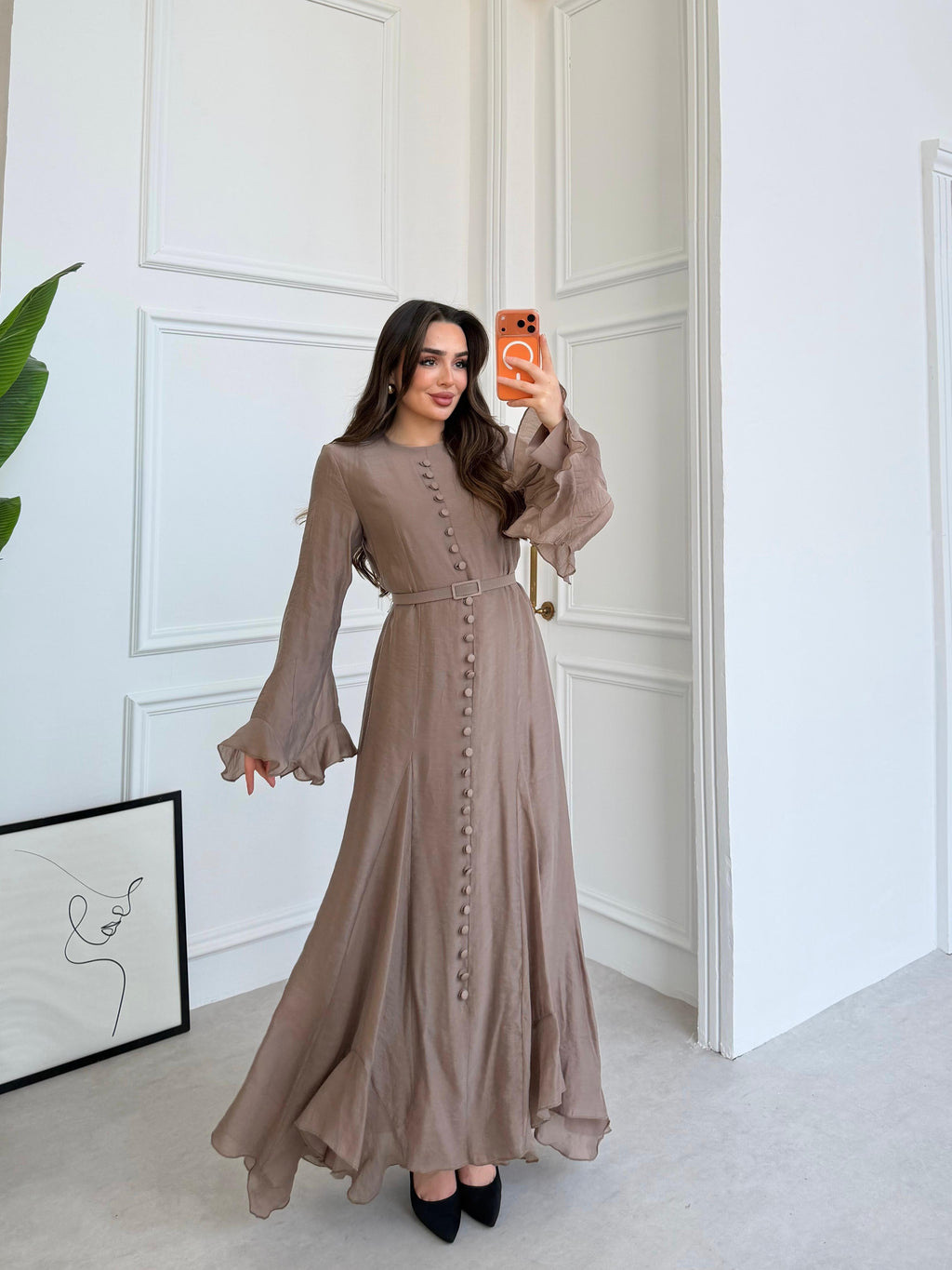 Elegant Modal-Blend Button-Down Maxi Dress with Ruffled Bell Sleeves