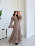 Elegant Modal-Blend Button-Down Maxi Dress with Ruffled Bell Sleeves