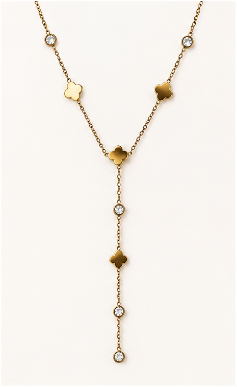 Antique Gold Clover Y Necklace with Sparkling Stone Details