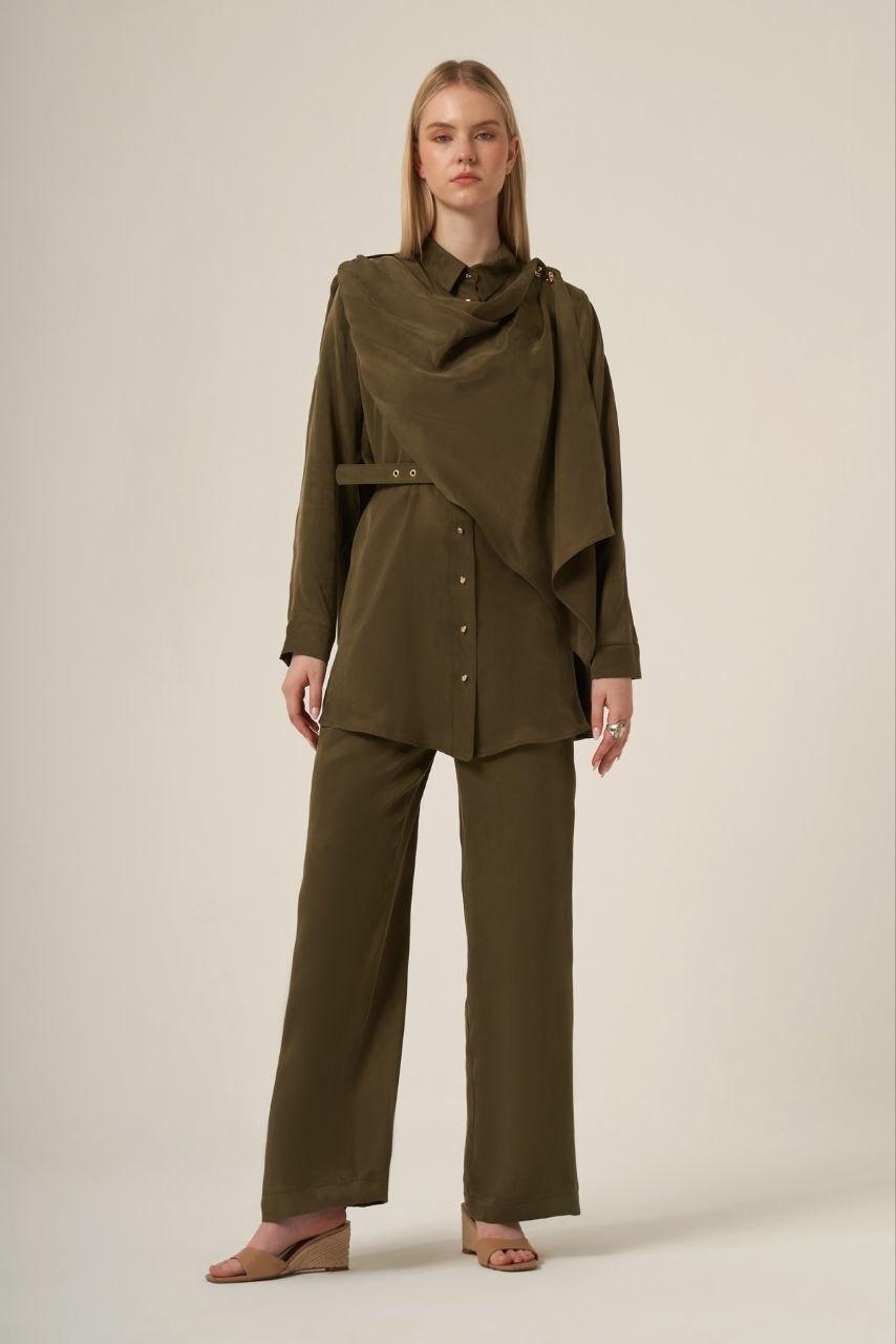 Women's Asymmetrical Draped Tunic and Wide-Leg Trouser Two-Piece Set