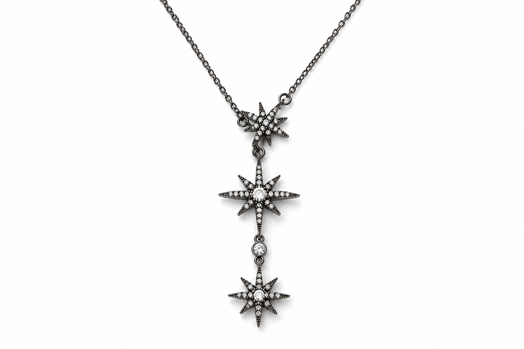 Silver-Tone Stainless Steel Triple Star Drop Necklace with Sparkling Stones
