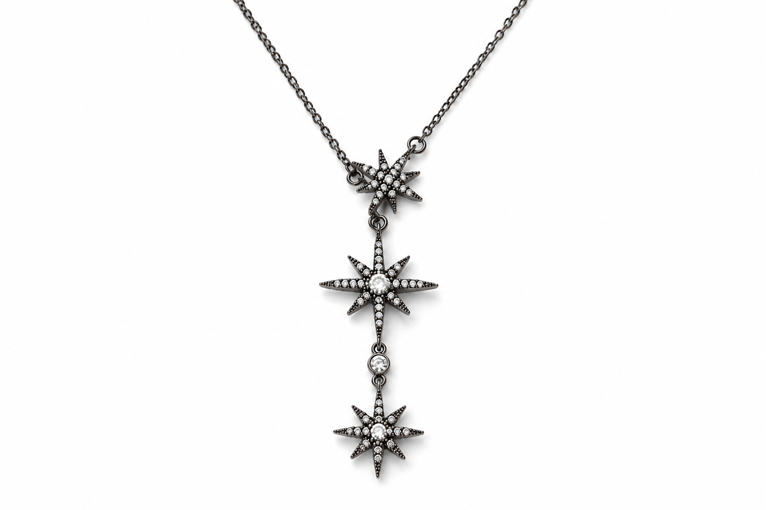 Silver-Tone Stainless Steel Triple Star Drop Necklace with Sparkling Stones