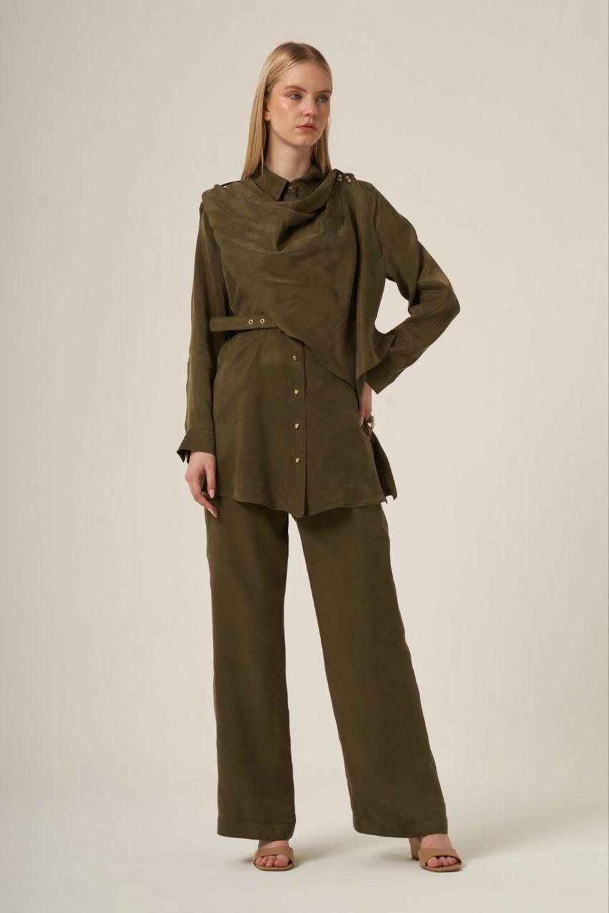Women's Asymmetrical Draped Tunic and Wide-Leg Trouser Two-Piece Set