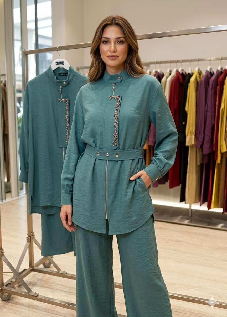 Women’s Two-Piece Tunic & Wide-Leg Pants Set – Comfortable Casual & Office Outfit