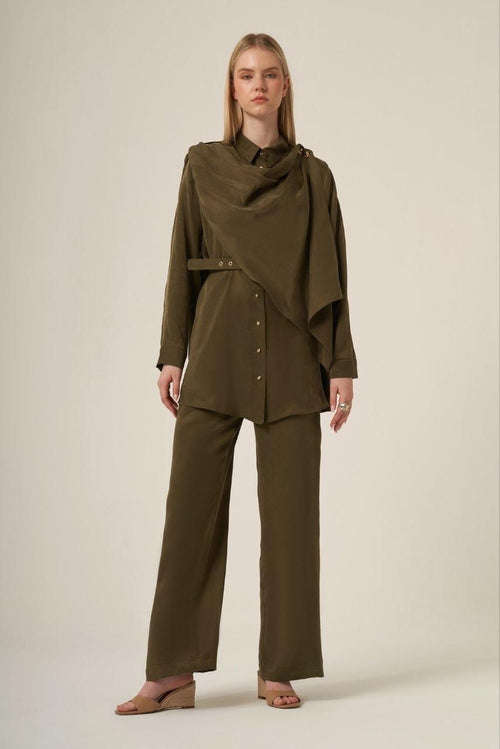 Women's Asymmetrical Draped Tunic and Wide-Leg Trouser Two-Piece Set