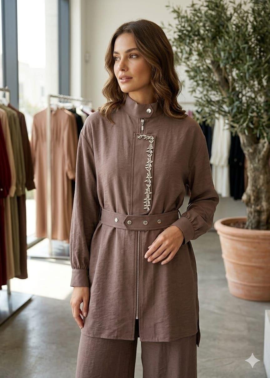 Women’s Two-Piece Tunic & Wide-Leg Pants Set – Comfortable Casual & Office Outfit