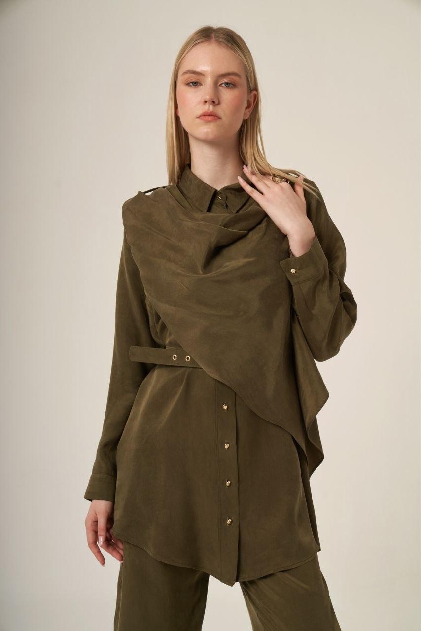 Women's Asymmetrical Draped Tunic and Wide-Leg Trouser Two-Piece Set