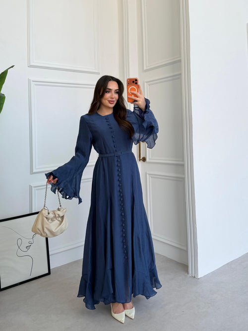 Elegant Modal-Blend Button-Down Maxi Dress with Ruffled Bell Sleeves