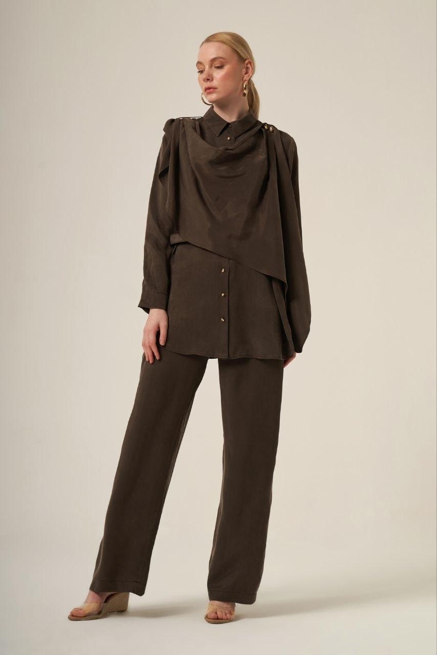 Women's Asymmetrical Draped Tunic and Wide-Leg Trouser Two-Piece Set