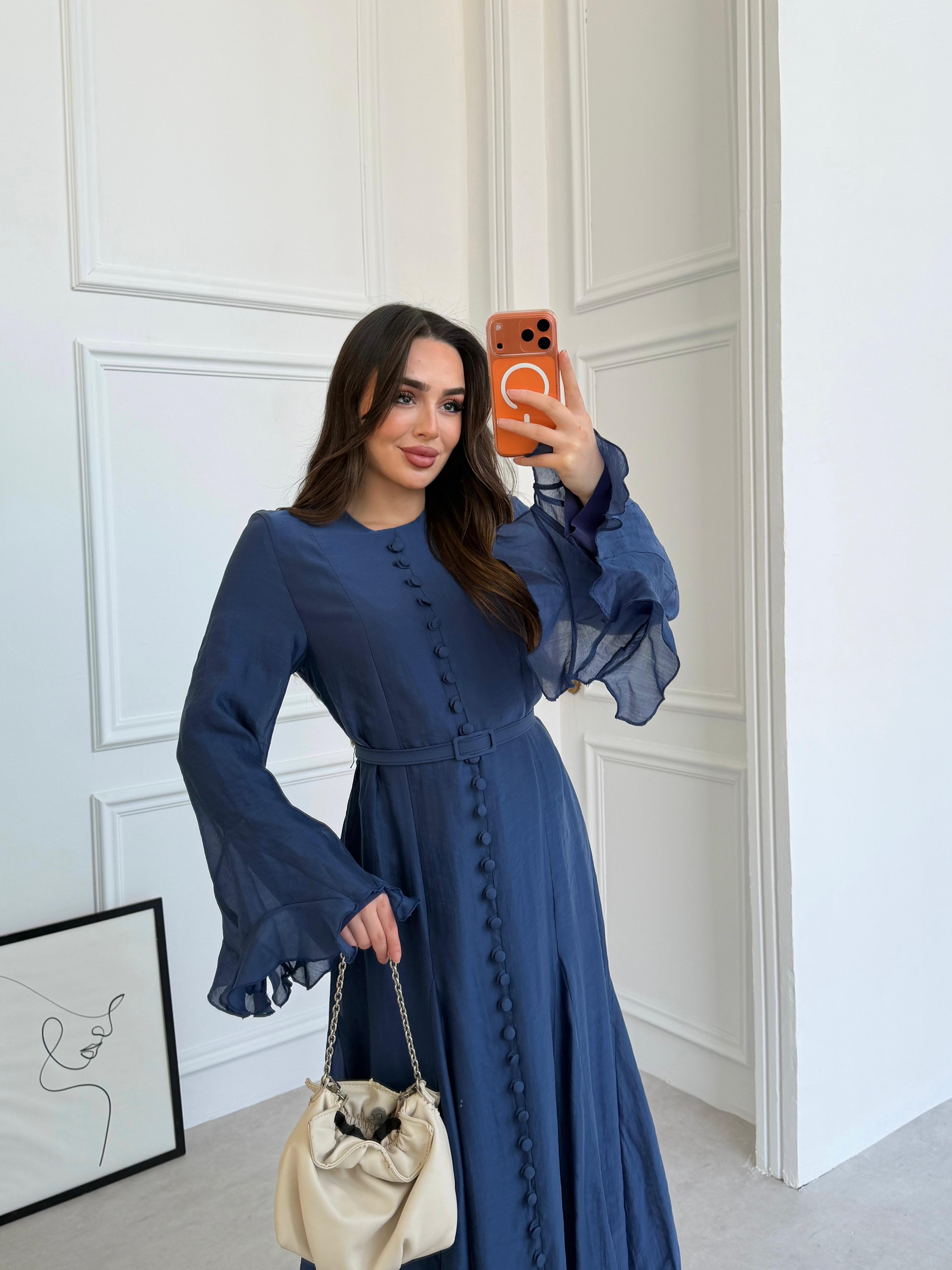 Elegant Modal-Blend Button-Down Maxi Dress with Ruffled Bell Sleeves