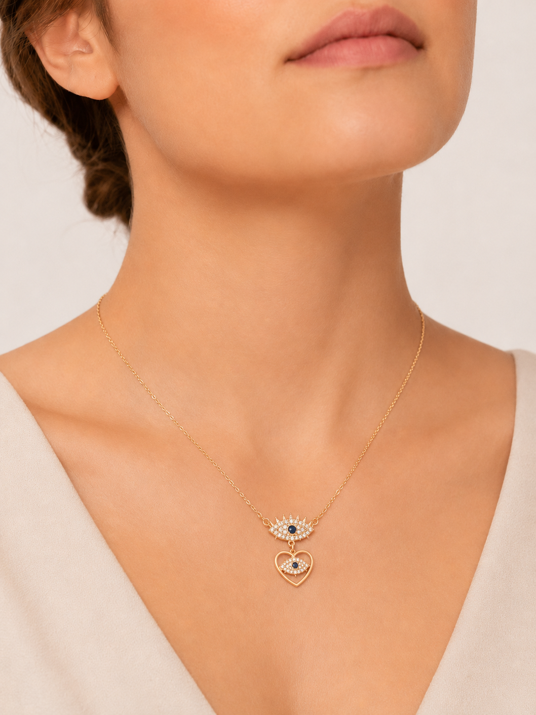 Gold-Tone Brass Evil Eye Heart Pendant Necklace with Crystal Accents