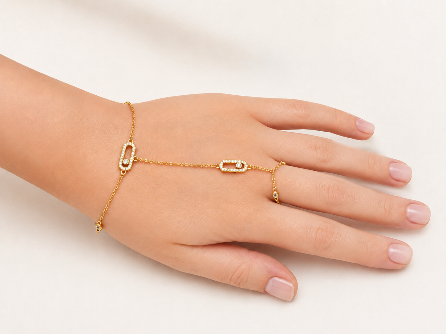 Gold-Tone Brass Geometric Hand Chain Bracelet with Crystal Accents