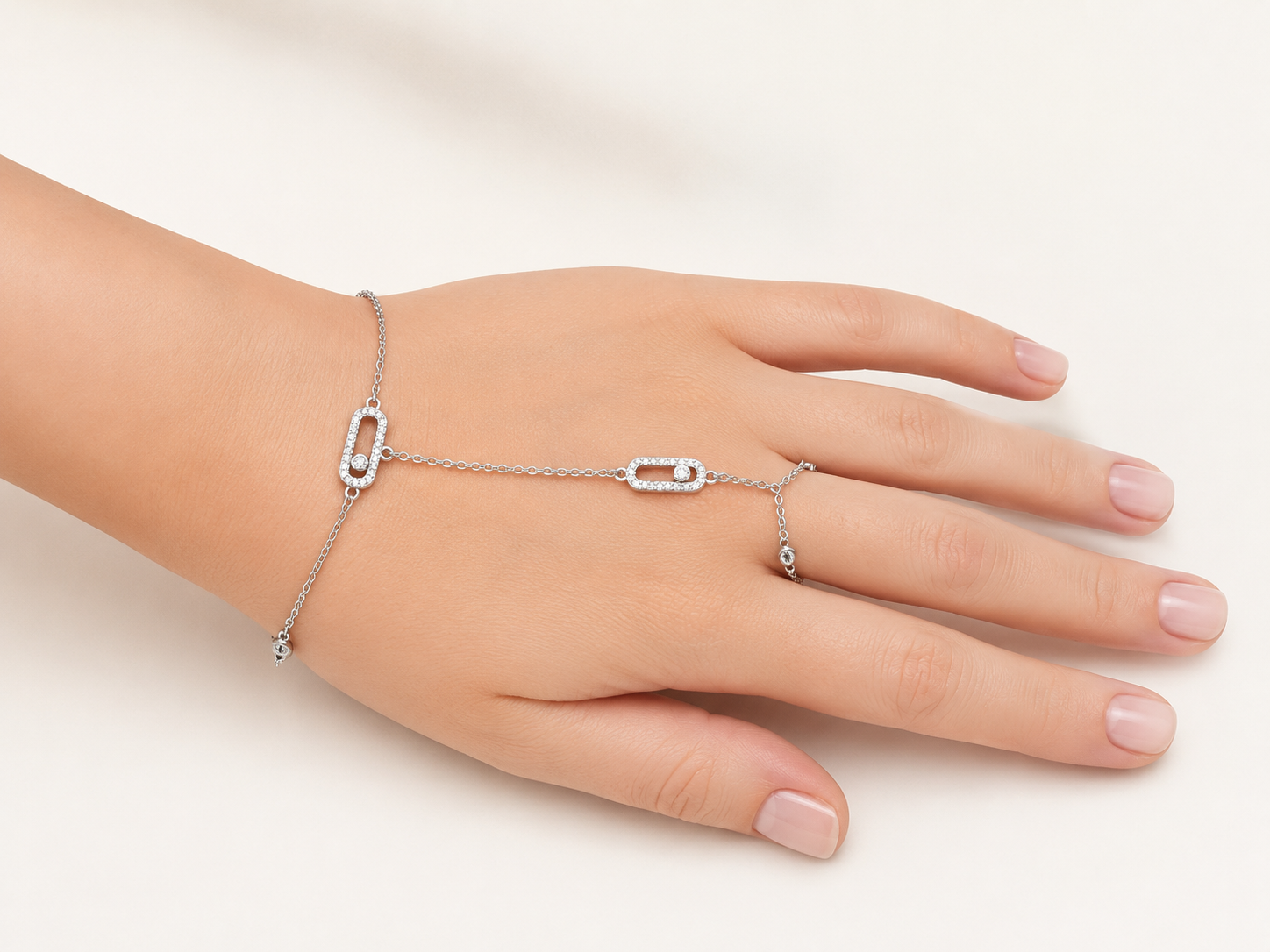 Silver-Tone Brass Geometric Hand Chain Bracelet with Crystal Accents