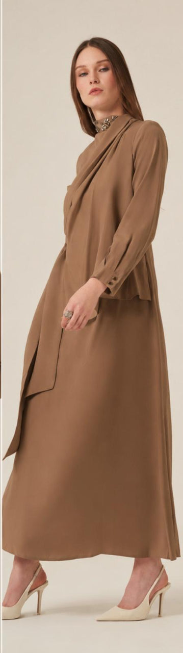 Embellished Mock Neck Maxi Dress – Elegant Wrap-Detail Long Sleeve Gown
