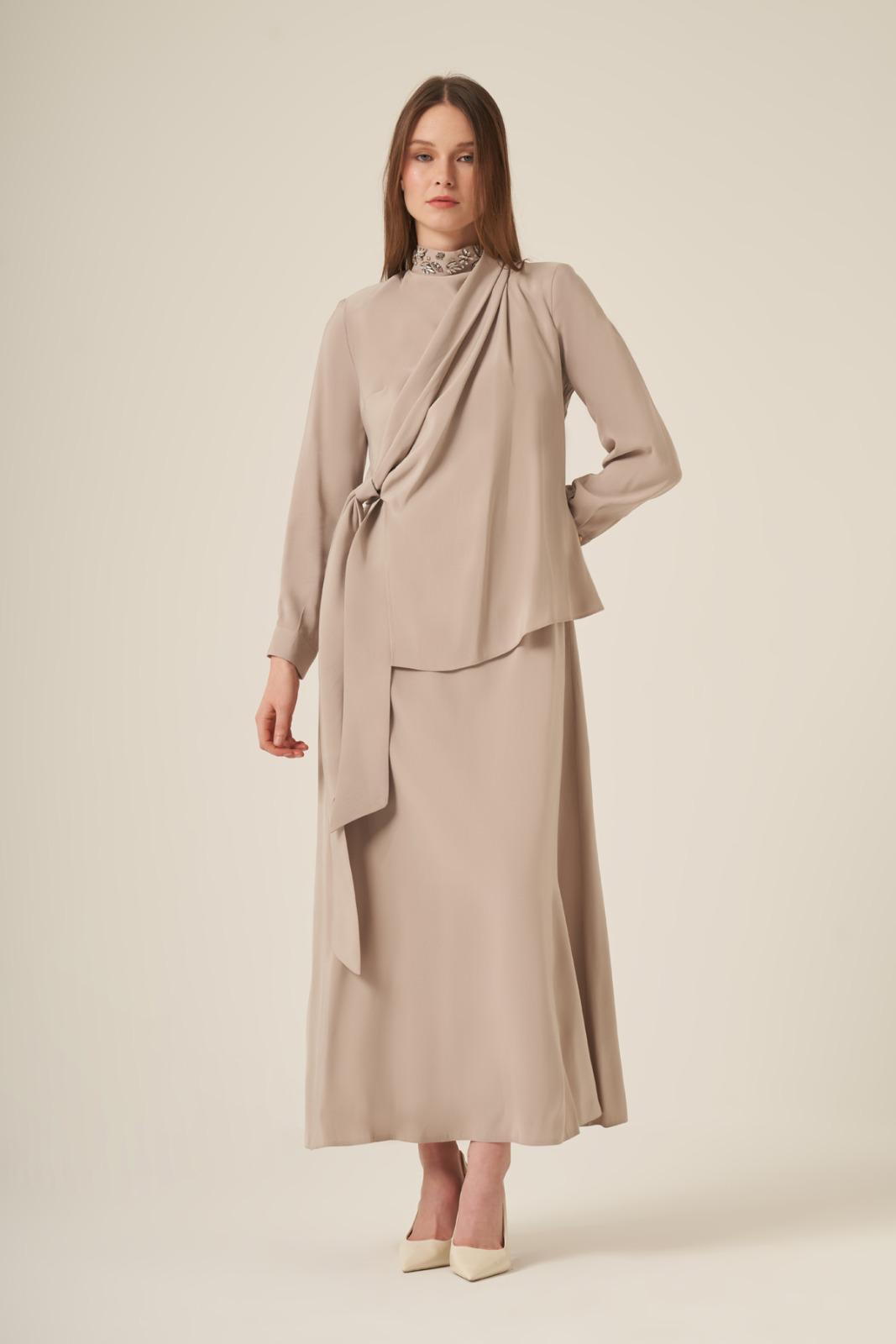 Embellished Mock Neck Maxi Dress – Elegant Wrap-Detail Long Sleeve Gown