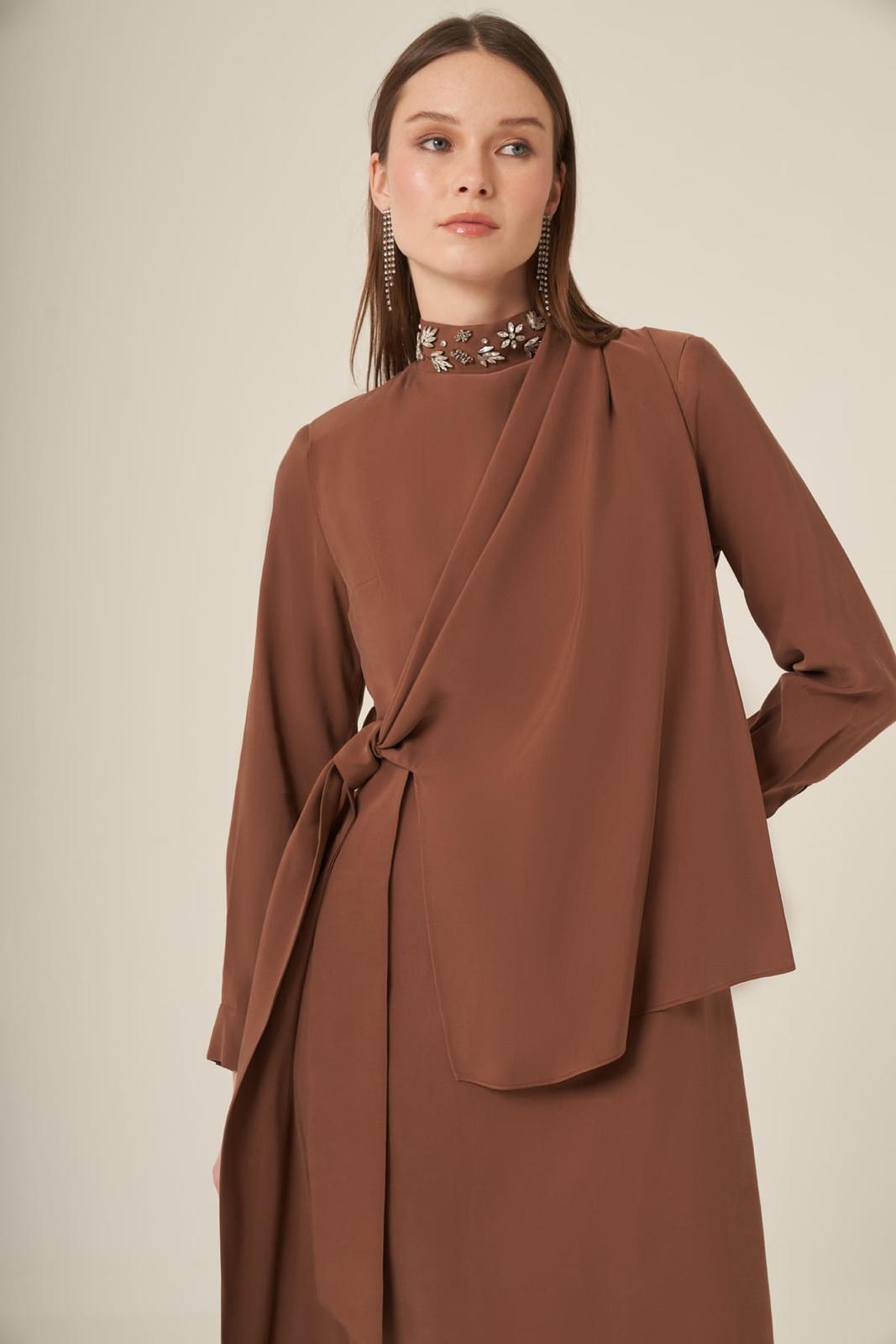 Embellished Mock Neck Maxi Dress – Elegant Wrap-Detail Long Sleeve Gown