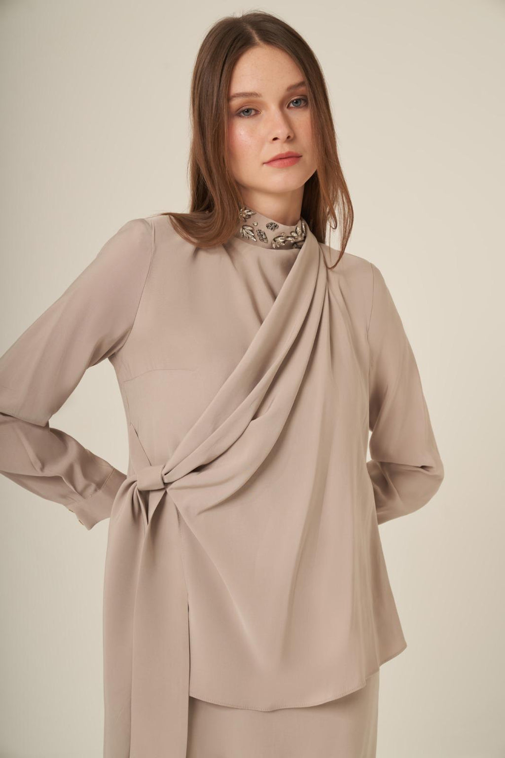 Embellished Mock Neck Maxi Dress – Elegant Wrap-Detail Long Sleeve Gown