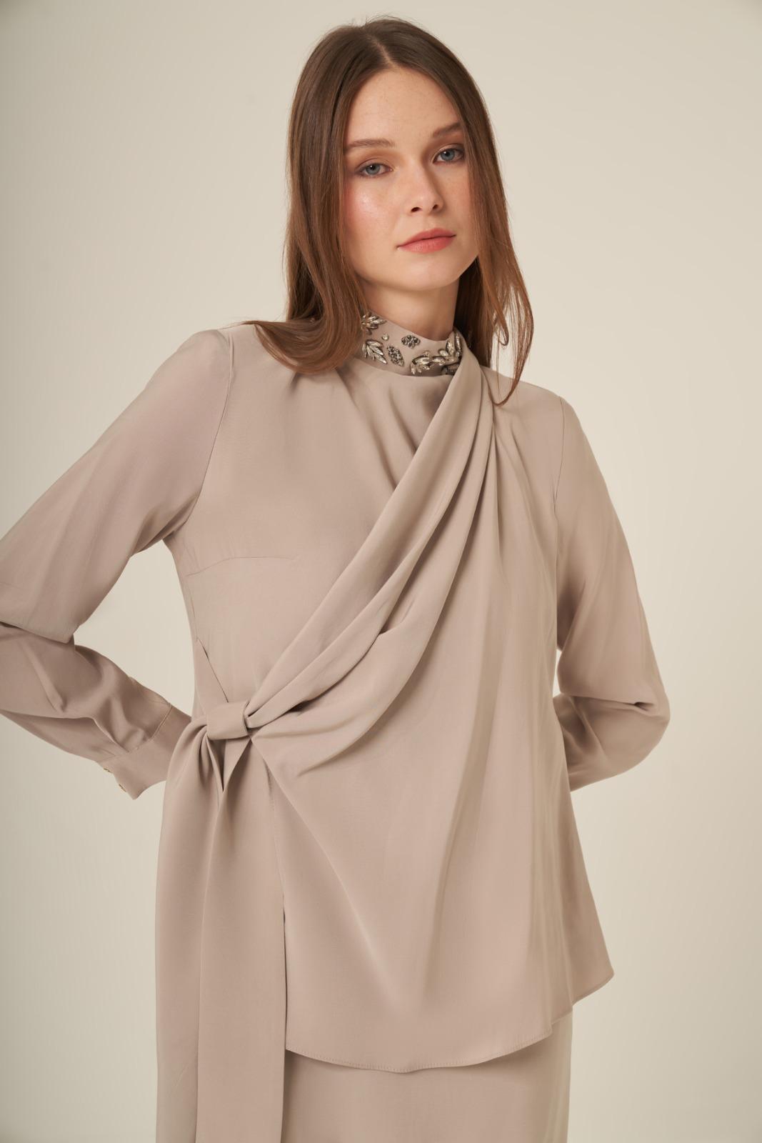 Embellished Mock Neck Maxi Dress – Elegant Wrap-Detail Long Sleeve Gown