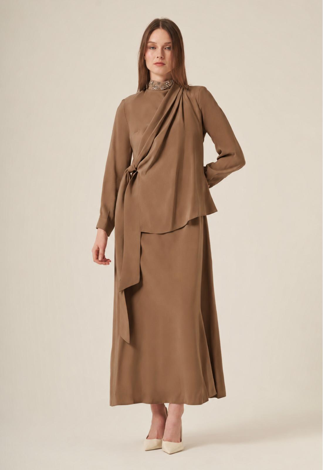 Embellished Mock Neck Maxi Dress – Elegant Wrap-Detail Long Sleeve Gown