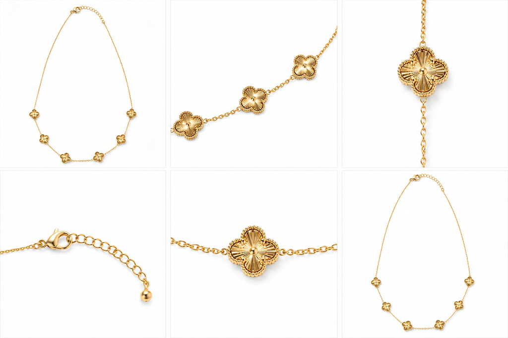 Gold-Plated Brass Five Clover Flower Necklace – Delicate Floral Jewelry for Women