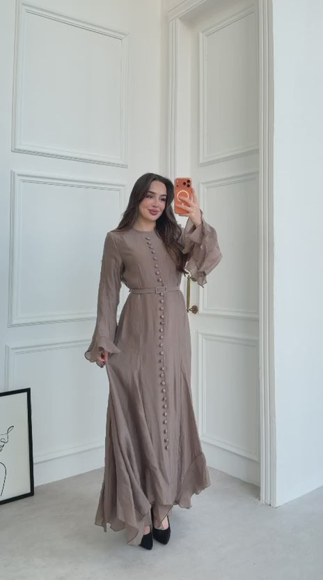 Elegant Modal-Blend Button-Down Maxi Dress with Ruffled Bell Sleeves